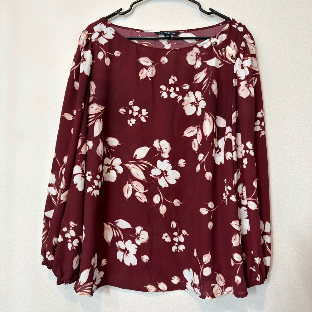 Zac & Rachel Blouse Woman 2X Burgundy Exc Floral Gold‎ Button Balloon Sleeve